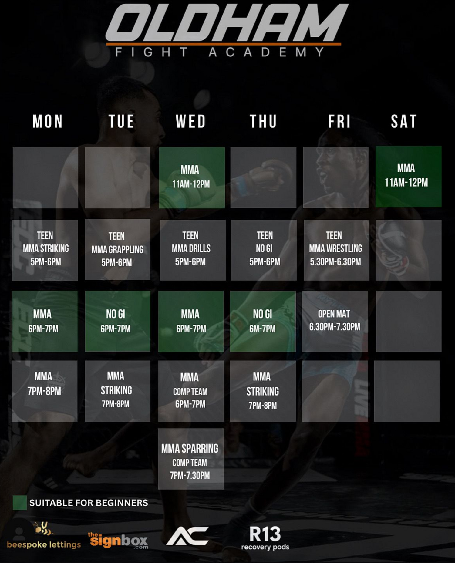 Oldham Fight Academy schedule with training times and types on a dark background